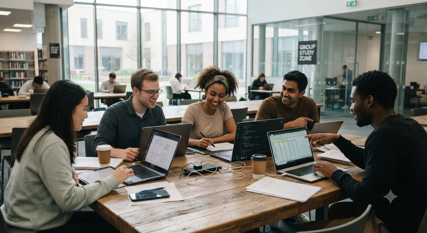 College students using specialized laptops for engineering, design, and commerce studies in a modern campus environment.